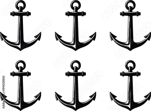 Anchor, silhouette, black and white, nautical, maritime, classic, fluke, shank, ring, symmetrical, stability, design, icon, outline, sea, ocean, boating, sailing, marine, pattern, illustration