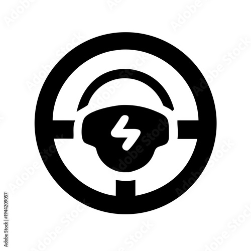 A black and white image of a steering wheel with a lightning bolt