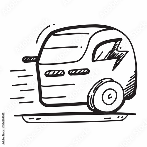 A black and white drawing of an electric car speeding