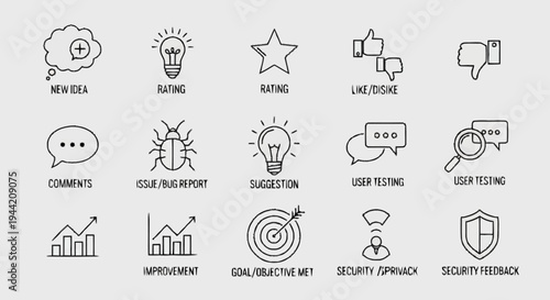 Collection of user interface icons for feedback and analytics.