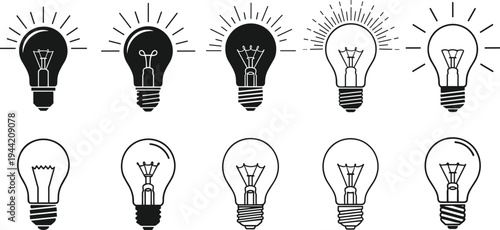 Light bulb, silhouette, black and white, illuminated, filament, base, icon, electricity, idea, innovation, sketch, design, graphic, outline, glowing, non-glowing, concept, energy, symbol, 