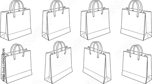 Shopping bag, silhouette, black and white, packaging, retail, handle, structure, perspective, design, illustration, branding, tote, looped, reinforced, front view, side view, 