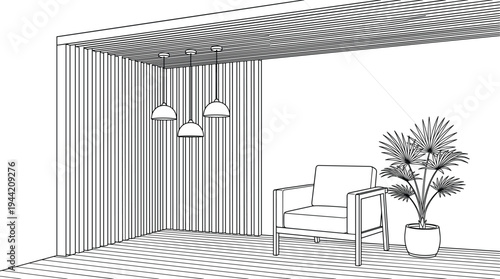 Sophisticated interior perspective of a modern lounge nook featuring vertical-slat wall and ceiling paneling, pendant lights, and a fan palm.