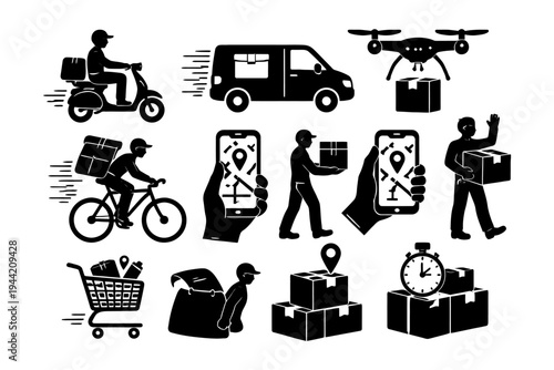 Delivery icons: transportation, packages, technology in e-commerce logistics.