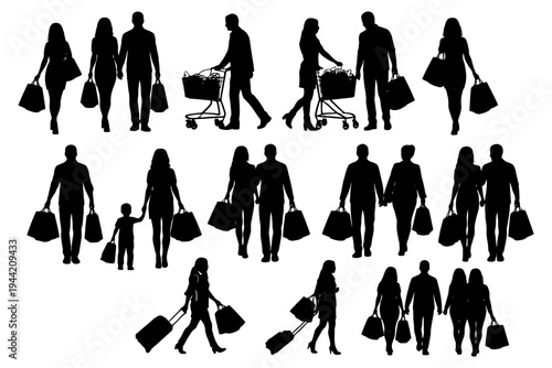 Silhouette of people shopping and walking with bags and carts.