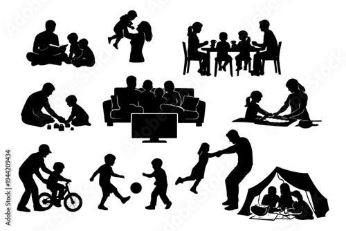 Silhouette of family activities: play, reading, dining, and camping together.