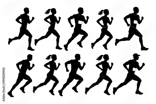 Silhouettes of male and female runners in motion - athletic training and fitness.