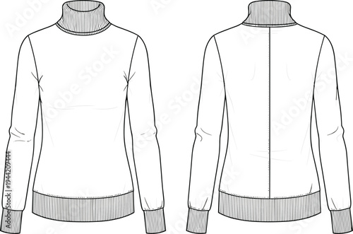 Long sleeve turtleneck sweater sketch, ribbed collar fashion illustration, garment design template, apparel construction drawing, clothing pattern reference, couture outfit silhouette