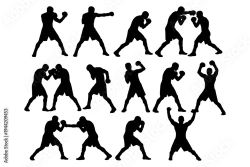 Silhouette collection of boxers in various poses and stances.