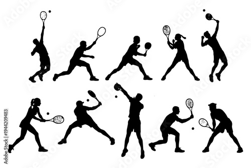 Silhouettes of diverse athletes playing tennis.