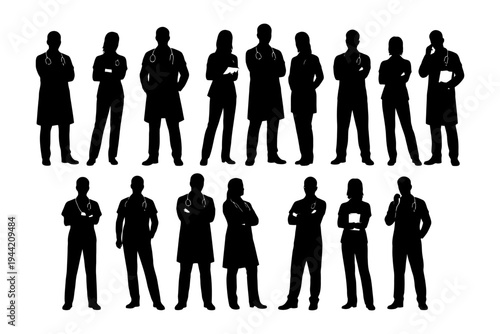 Silhouettes of diverse medical professionals in uniforms with stethoscopes.