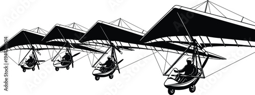 Ultralight trike, silhouette, delta wing, pilot, helmet, open cockpit, flying, formation, aviation, recreational, black and white, sketch, airborne, freedom, motion, staggered, 