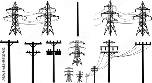 Transmission tower, utility pole, power lines, silhouette, black and white, infrastructure, electricity, insulator, transformer, lattice, wooden, sketch, technical, connected, industrial, 