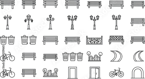Urban park, icon set, silhouette, black and white, bench, lamp, trash bin, bicycle, fence, door, path, infrastructure, public space, architectural, decorative, 