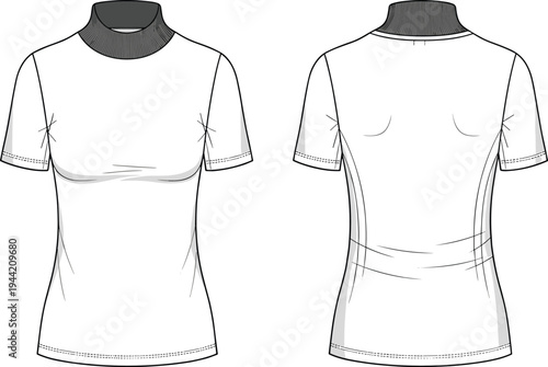 Short sleeve fitted top sketch, ribbed collar fashion illustration, contour seam garment design template, apparel construction drawing, clothing pattern reference, modern outfit silhouette