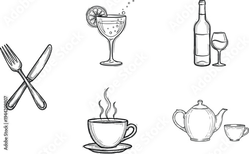 Hand-drawn style vector set of 5 beverage and dining icons including crossed fork and knife, sparkling drink, wine bottle with glass, steaming coffee cup, and teapot with cup