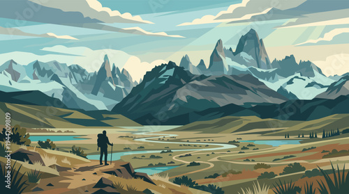 Silhouette of a hiker with backpack gazing at a scenic mountain range landscape illustration with winding river, fields, and cloudy sky in teal, green and brown tones.