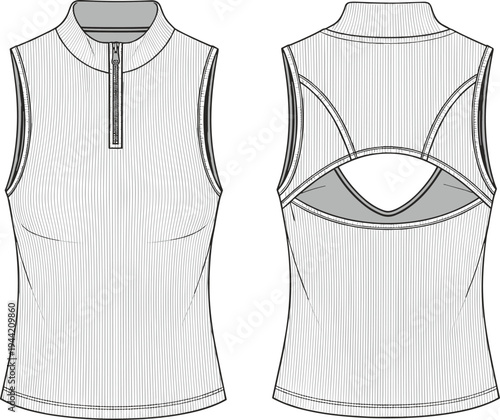 Sleeveless athletic top sketch, high neckline zipper, sportswear fashion illustration, activewear garment design template, apparel construction drawing, clothing pattern reference