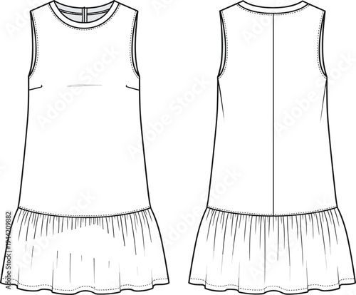 Sleeveless dress flat sketch, drop waist gathered skirt, fashion illustration, garment design template, apparel construction drawing, clothing pattern reference