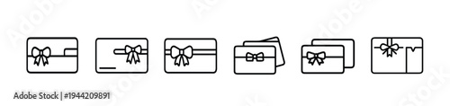 Gift card and shopping voucher outline icon set featuring surprise coupon with ribbon bow for commerce rewards and more vector illustration or editable stroke
