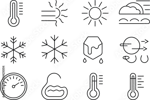 Set of outline icons representing weather conditions and temperature: thermometer, sun, clouds, snowflake, melting ice, and wind.