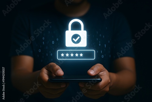 Person holds a smartphone, interacting with a glowing digital padlock and password field, representing secure login and strong data authentication concepts.