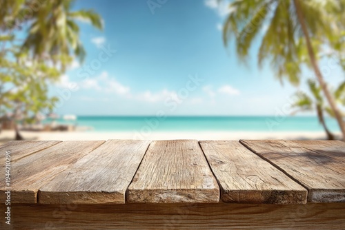 Tropical Beach Paradise - Wooden Tabletop View with Palm Trees and Turquoise Ocean.