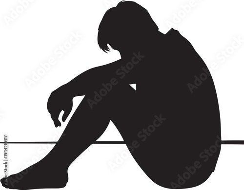 Emotional Black Silhouette of a Sad and Lonely Person Sitting Against a Distant Sunset, Expressing Depression, Sorrow and Introspection , Generative Ai