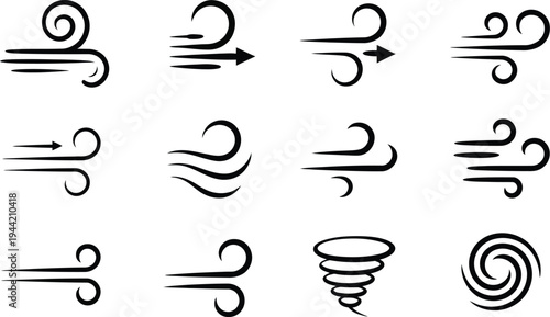 Set of wind and air current icons in outline style, including swirls, gusts, breezes, and a tornado.