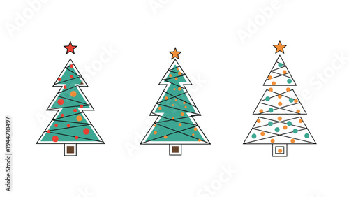 Trio of stylized christmas trees with geometric shapes decorated with colorful baubles and a star on top for holidays.