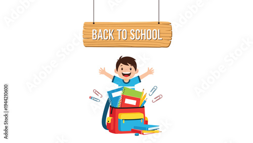 Happy young boy standing behind a large red backpack filled with school supplies under a wooden sign for back to school season.