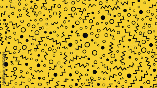 Bold yellow background is filled with a high contrast Memphis style pattern of black dots, rings, and zigzags for a retro feel.