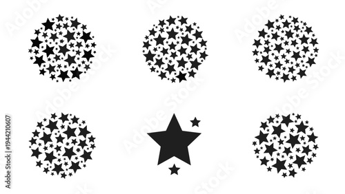 Group of circular star clusters and individual star icons in black provide versatile decorative elements for festive designs.