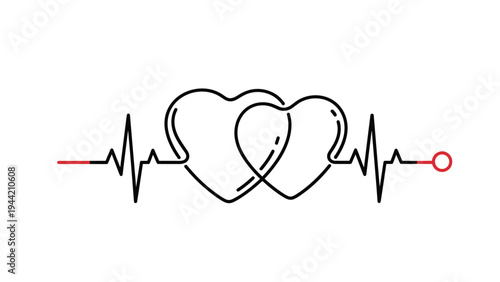 Heartbeat line passing through two intertwined hearts representing love, health, and medical connection in black and red colors.