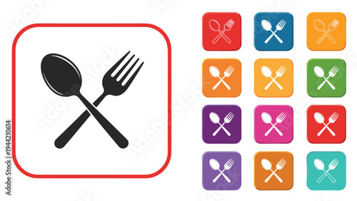 Crossed spoon and fork symbol is presented as a primary icon and in a colorful grid of app buttons for restaurant and food topics.