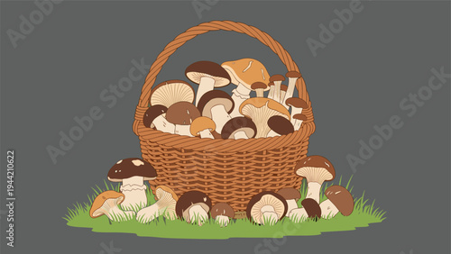 Large woven basket overflowing with various types of brown edible mushrooms sitting on a patch of green grass for foraging themes.