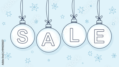 Promotional sale banner depicts four white Christmas ornaments with letters spelling out sale against a festive blue background.