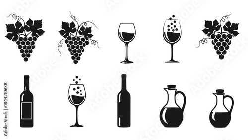 Set of black silhouettes including wine bottles, glasses, grapes with leaves, and jars for olive oil or vinegar on a white background.
