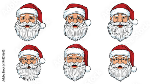 Set of six Santa Claus head illustrations showing different happy and smiling facial expressions with glasses and red hats.