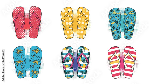 Collection of six pairs of colorful flip flops with various tropical patterns like palm trees, dots, and stripes for summer themes.