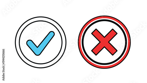 Colored check mark and cross symbols in circular frames represent approval and rejection or correct and incorrect choices.