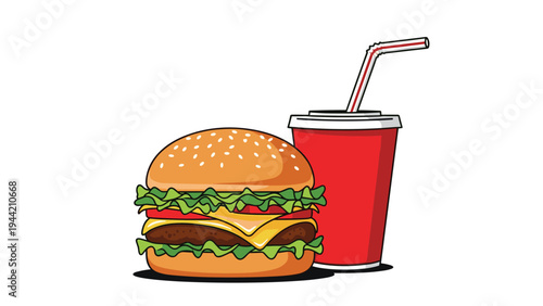 Classic fast food meal illustration features a juicy cheeseburger with fresh toppings and a red drink with a striped straw.