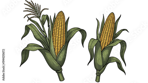 Detailed vintage style illustration of two corn cobs on their stalks with green husks and golden kernels for harvest themes.