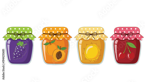 Set of four glass jars filled with different fruit jams like grape, apricot, honey, and cherry on a white background.