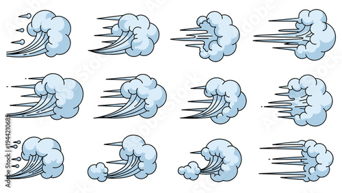 Collection of cartoon smoke puffs and wind motion lines used for comic book speed effects on a white background in vector format.