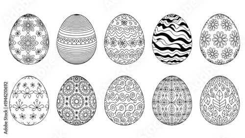 Collection of ten Easter eggs showcases various intricate black and white line art patterns perfect for holiday card designs.