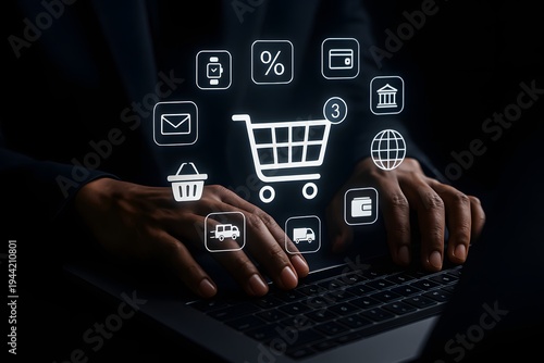 Person types on a laptop keyboard surrounded by glowing holographic e-commerce icons, symbolizing the vast world of online shopping, digital business, and modern virtual transactions.