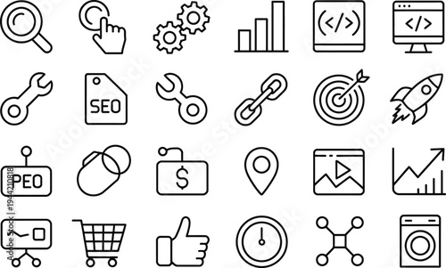 Diverse icon set for digital marketing, SEO, and web development services, featuring search engines, coding, and growth strategies.