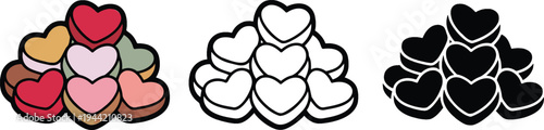 Candy Heart silhouette & Outline and illustration set isolated on transparent background