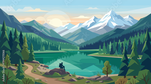 Illustration depicts a serene mountain lake landscape with a hiker meditating on a rock, surrounded by vibrant green forests and snow-capped peaks, under a soft sunset sky.